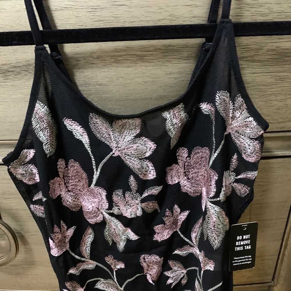 Floral embroidered mesh thong bodysuit